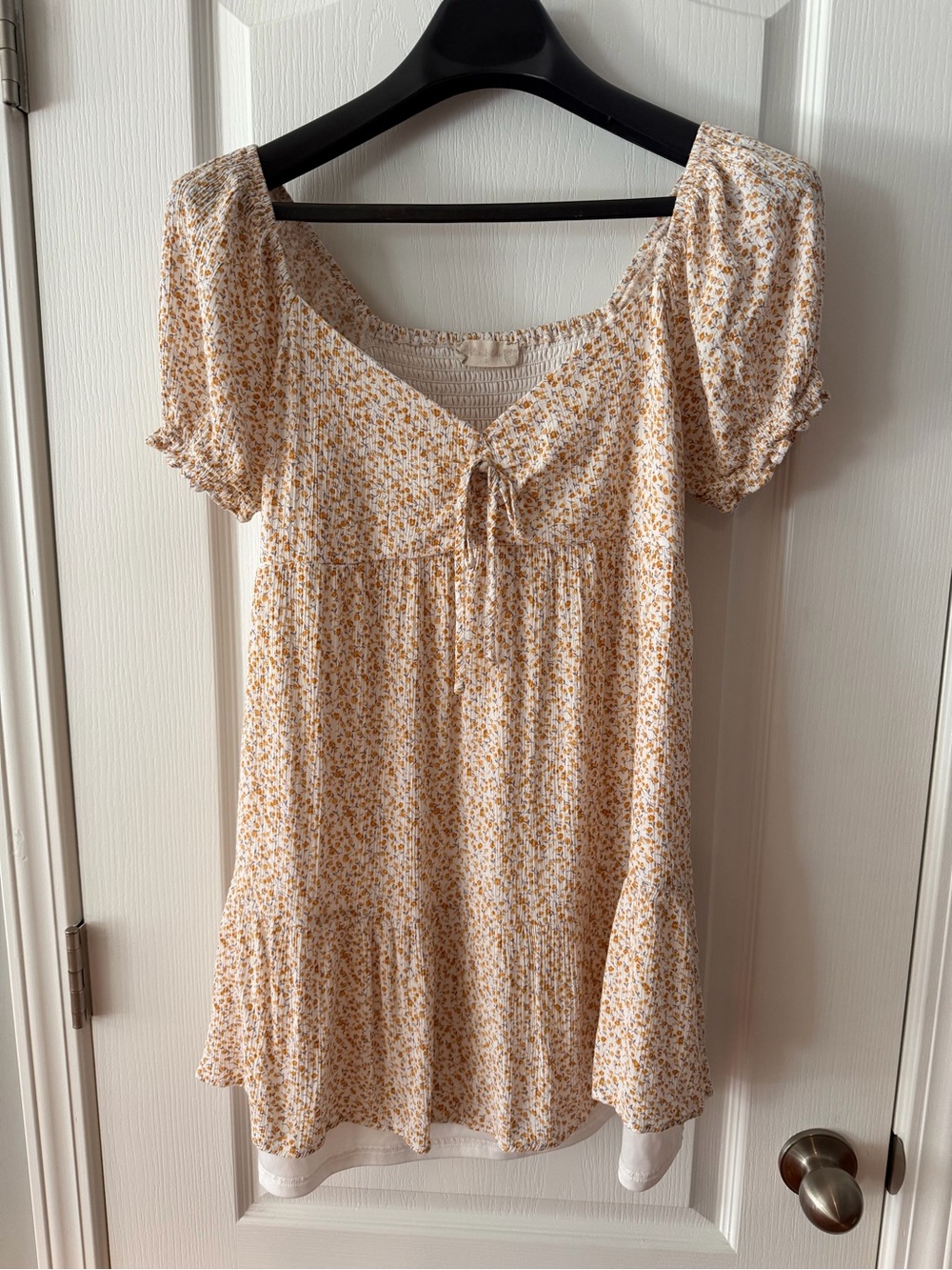 Altar'd State Cream Floral Tie-Front Puff Sleeve dress